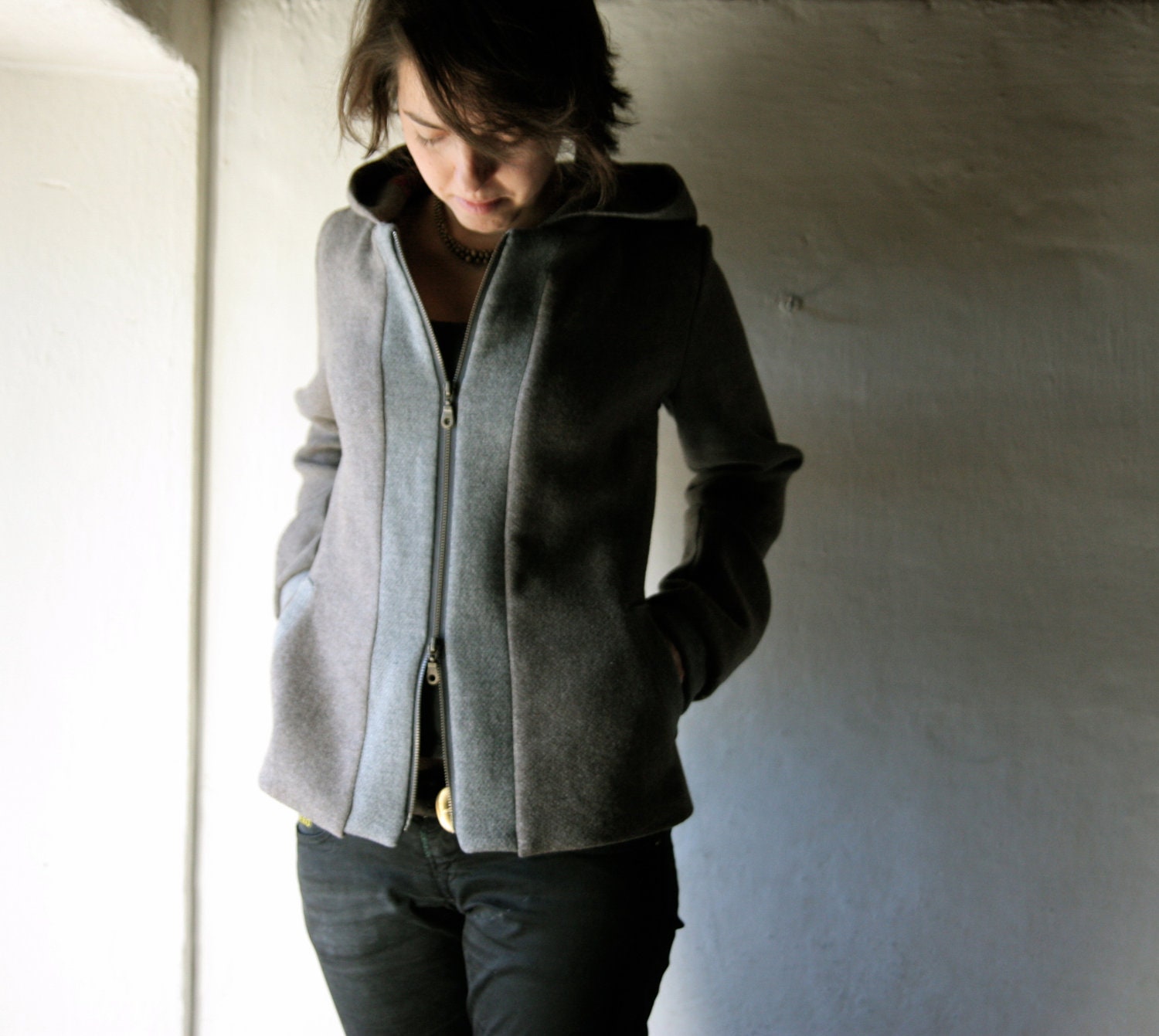 Hooded Jumper Jacket - Womens oversize grey wool coat, loose fitting - zipper top winter blazer lined jacket