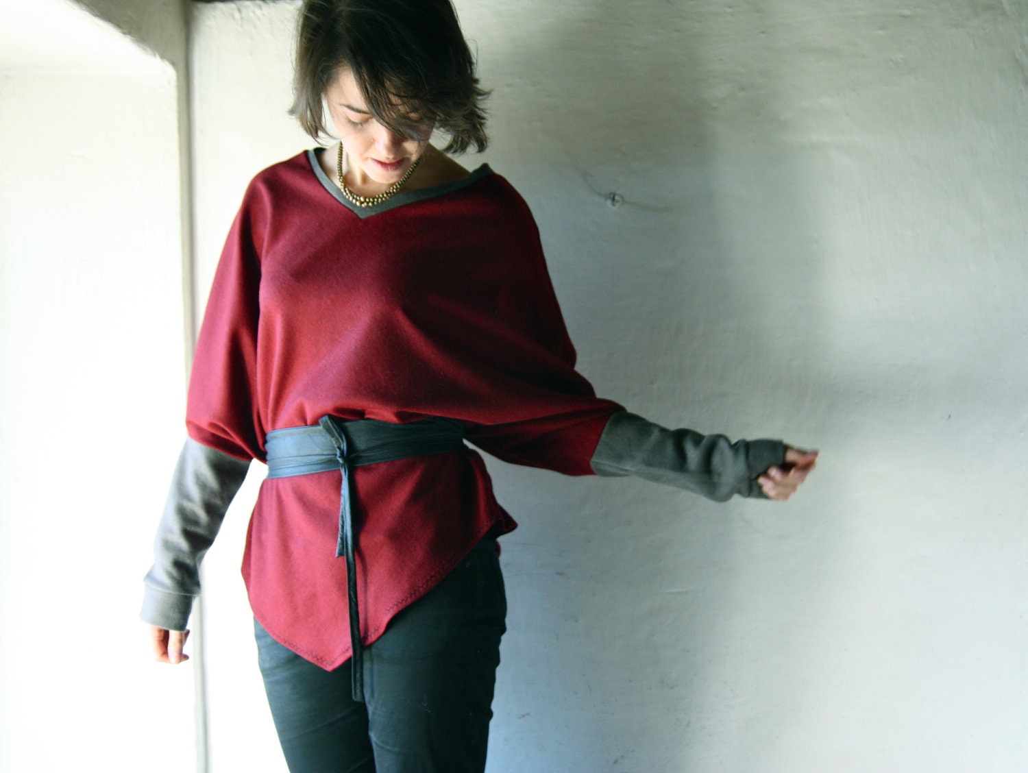 Red Womens Sweater, long sleeved top - oversized v neck blouse in wool jersey