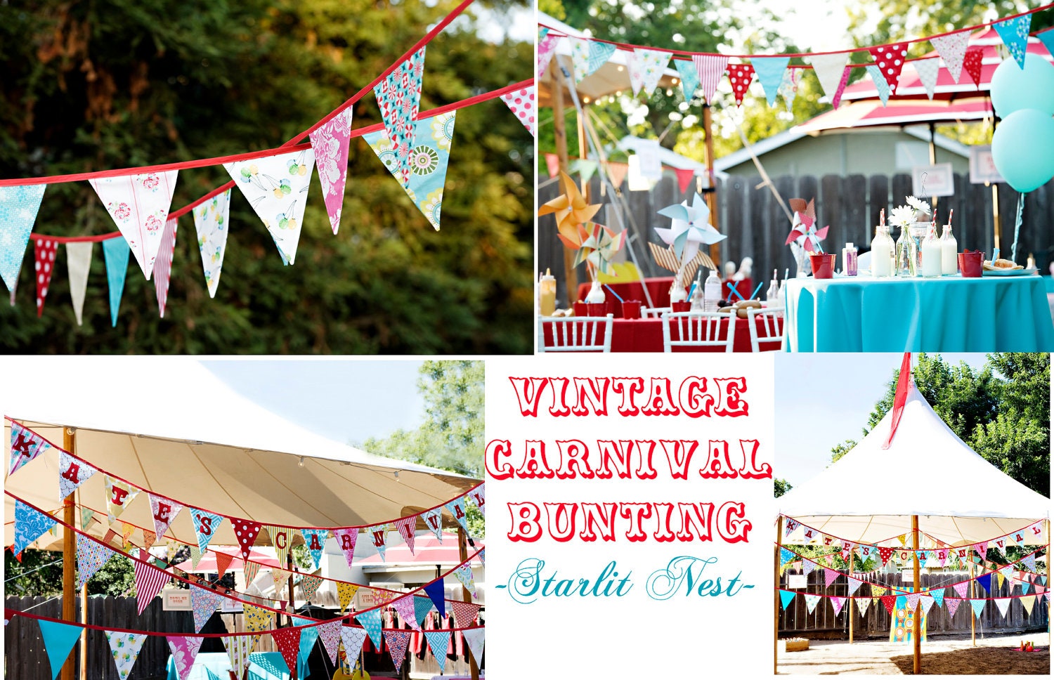 Set of TWO Carnival Themed Fabric Bunting Banners,  Vintage Circus, Designer's Choice.  Also For Weddings and Parties.