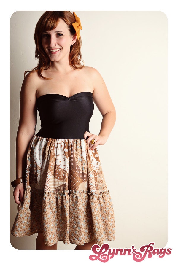 Vintage Brown Ruffle DRESS Boho Hippie Strapless Bow Handmade