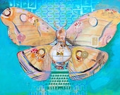 Moth and lantern painting 11X17 print - Peach and pink moth on teal with lots of patterns - Polyphemus