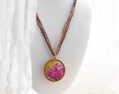 Crochet Necklace with Original Art Pendant - Magnolias - fuschia, green and gold