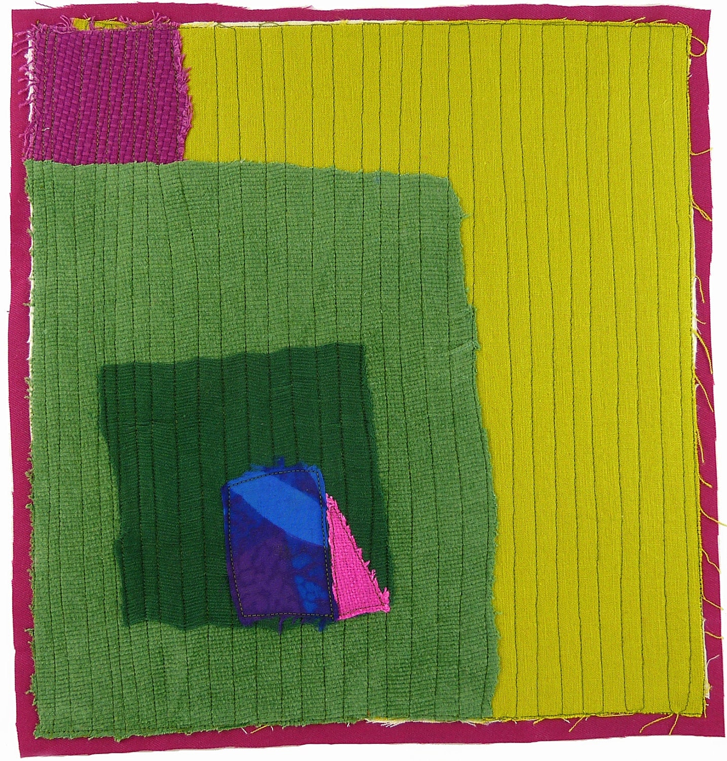 9.7.2012 small art quilt, contemporary, abstract, square, grass green, citron, neon pink, fuchsia, indigo, blue, purple, violet