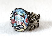Cat Ring, Day of the Dead Cat Ring, Antique Bronze Mexican Style Art Ring, Filigree Cocktail Ring Jewelry, Blue