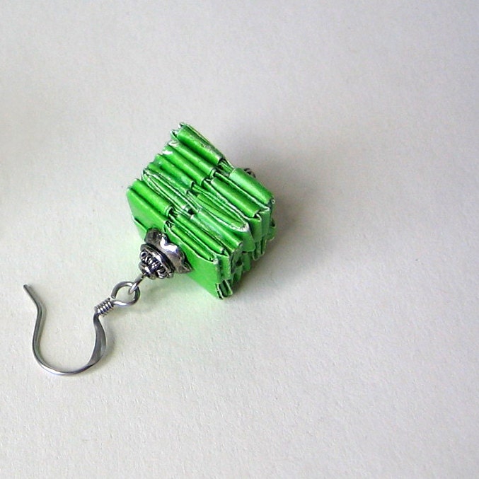 Pretty Bright Emerald Green Rescued Gift Wrap Earrings - Light Weight & Earth Friendly