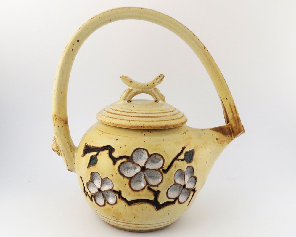 Teapot -  40 oz. - Cherry Blossom  - Yellow / Handmade Wheel thrown pottery