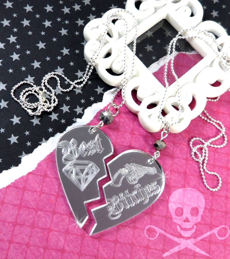 BEST B-TCHES - MATURE- Best Friends Two Necklace Set in Mirrored Silver Laser Cut Acrylic