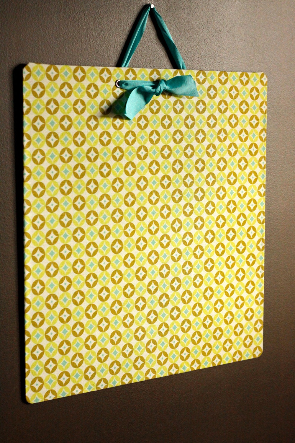 Fabric Covered Magnet Board (20x20) in Yellow and Turquoise Geometric Fabric