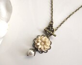 Nature Woodlands Vintage Style Pretty Marigold in almond, heart toggle clasp and Swarovski Pearl Necklace. Simple bridal gift