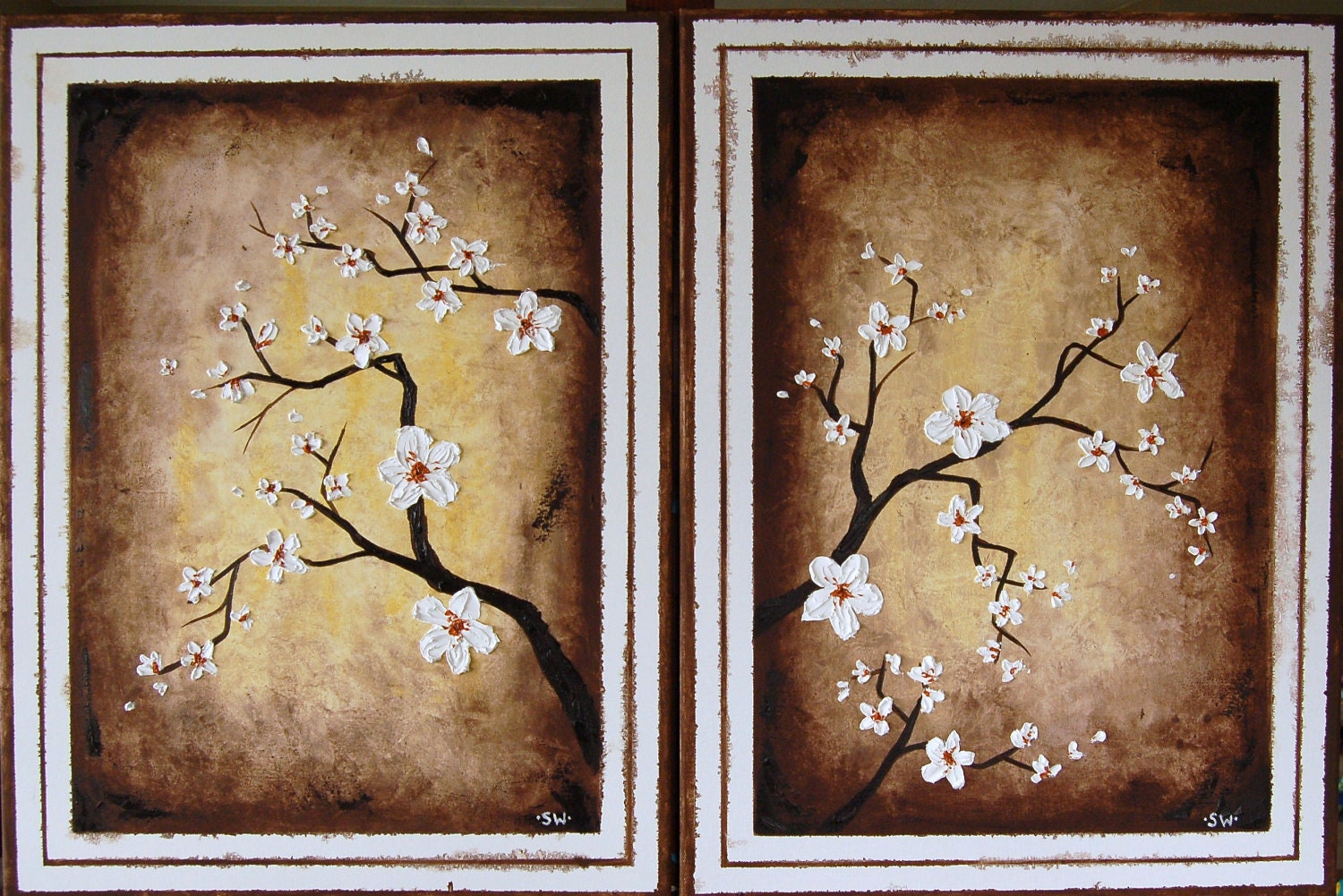 White Asian Cherry Blossoms Original Oil Painting - sheriwiseman