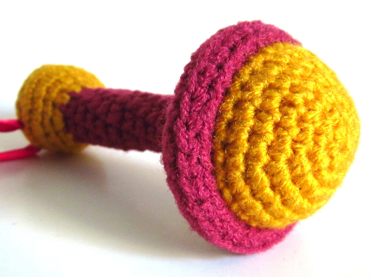 Textured RATTLE Toy: Crocheted Baby Rattle Amigurumi in Honeysuckle Pink, Mustard Yellow Washable Yarn - Original by The Silver Hook