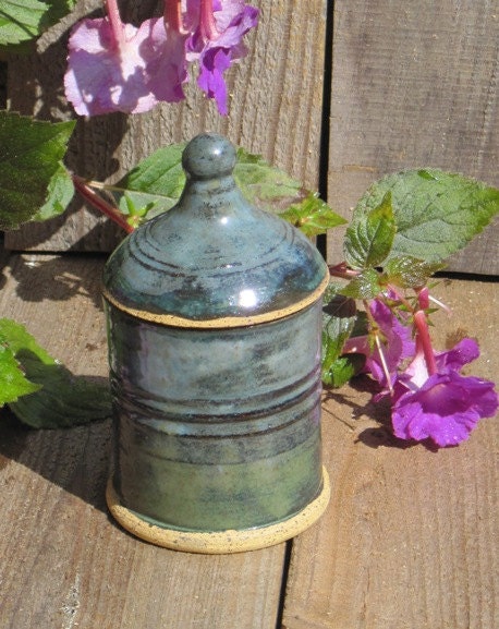 Canister Jar with Lid, Blue Green on Tan Clay