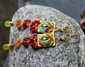 Shades of Red Yellow - carnelian, coral, jade chalcedony gem cluster earrings - A Field of Berries