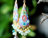 Amethyst Marquise, Prehnite and Teal Apatite,  brass filigree, floral clay detailed earrings in goldfill and vermeil -  Lilacs Blooming