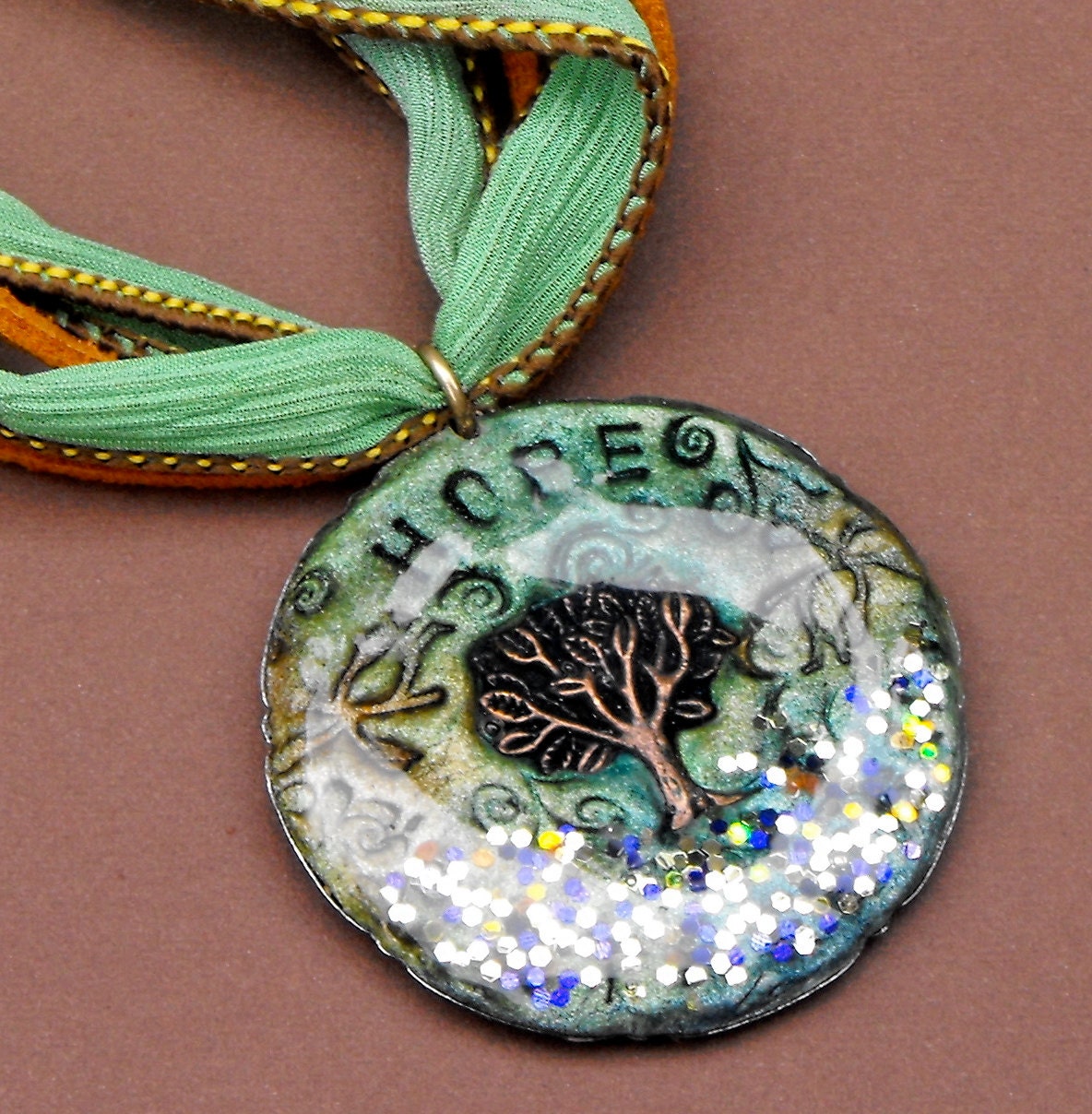 HOPE pendant on hand dyed silk necklace