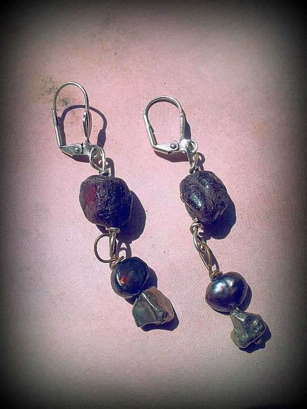 Tribal Fusion Raw Garnet Pearl and Pyrite Earrings