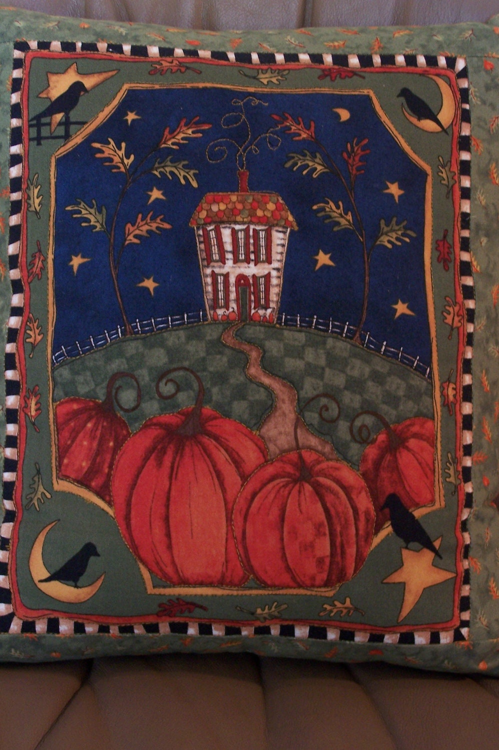 Handmade Pumpkins Galore Autumn Leaves Pillow, Seasonal, Fall, Harvest, Thanksgiving, Whimsical Cottage, Halloween, Crows, Moon, Stars