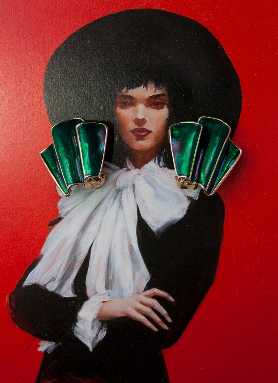 Vintage Earrings 80s Clip On Earrings Green Enamel Clip Back 1980s Art Deco Style