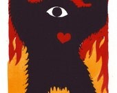 Love is a Monster.  A linocut print 3 colors on Arches cream paper.