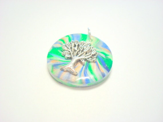 Blue Green Swirl Tree of Life Handmade Polymer Clay Pendant