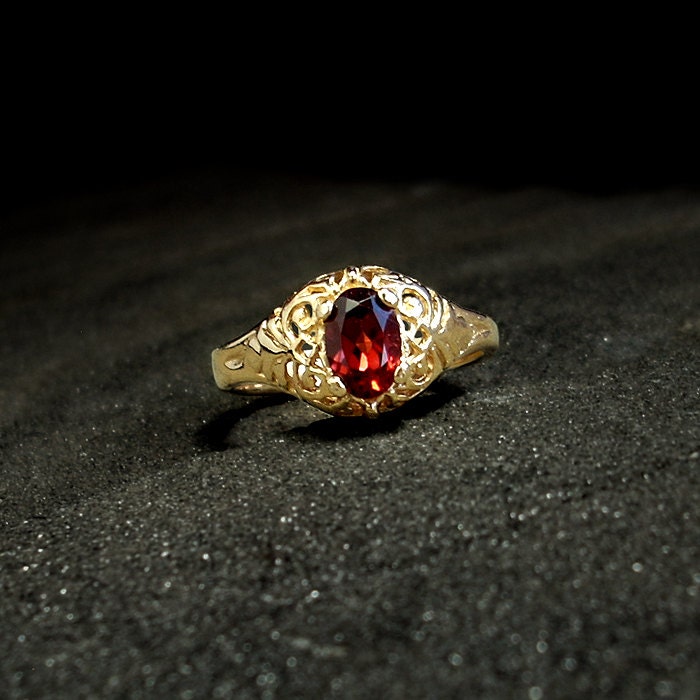 Victorian Engagement Ring: 14k solid gold, garnet - size 7 filigree ring, vintage jewelry, 1800, red gemstone, January birthstone, antique