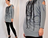 Ribbon Cascade Dress/Tunic - Modern Minimalist Mini in Light Blue-Gray and Black Soft Knit Jersey - Made to Order