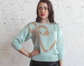 80s pullover sweater / 1980s light blue gold bow sweater (s-m)
