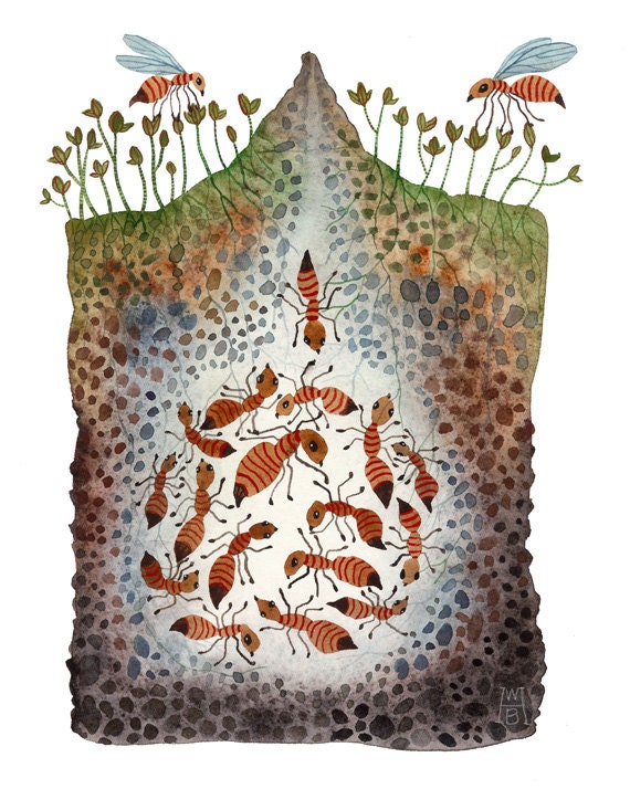 Ant Colony Ant Hill original watercolor painting