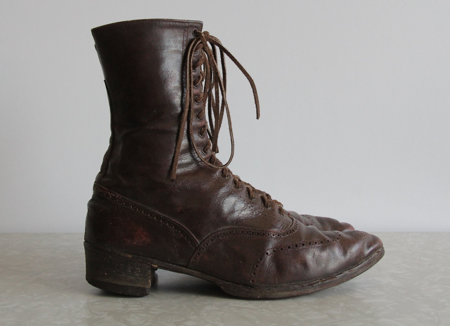 Antique Victorian Leather Shoes . Brown Leather Ankle Boots