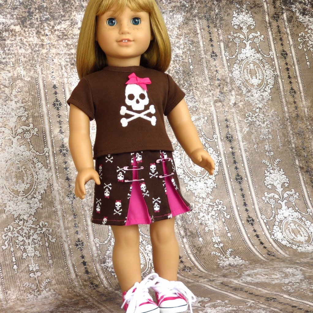 American Girl Doll Clothes Girly Skull & Crossbones Top and Skirt, 18 inch doll skully outfit