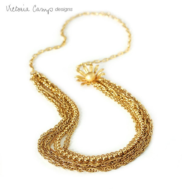 Long Layered Gold Chain Necklace, Gold Flower, Dramatic, Multi Layer, Eco Friendly, OOAK, Statement Necklace