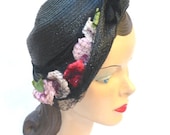 40's 50's Vintage Asymmetrical Hat with Pink Flowers