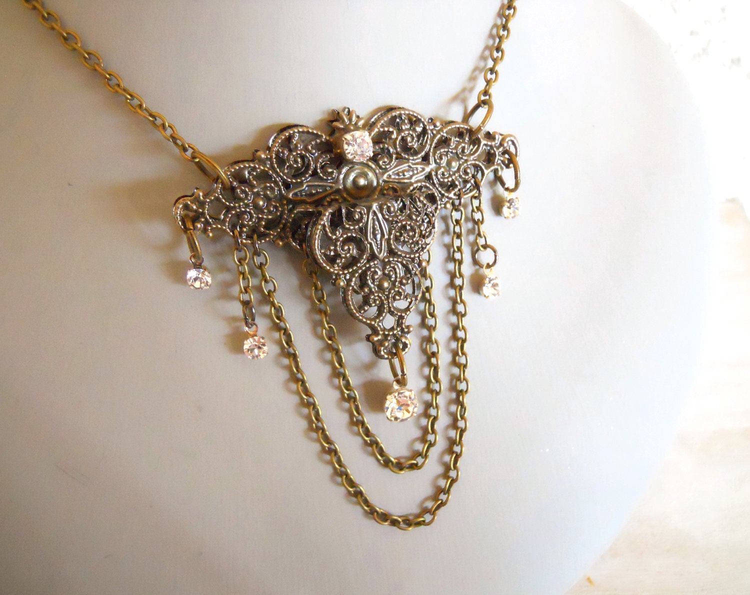 Tea Party hostess necklace Antique Brass Victorian inspired necklace antique filigree ornaments brass and crystals