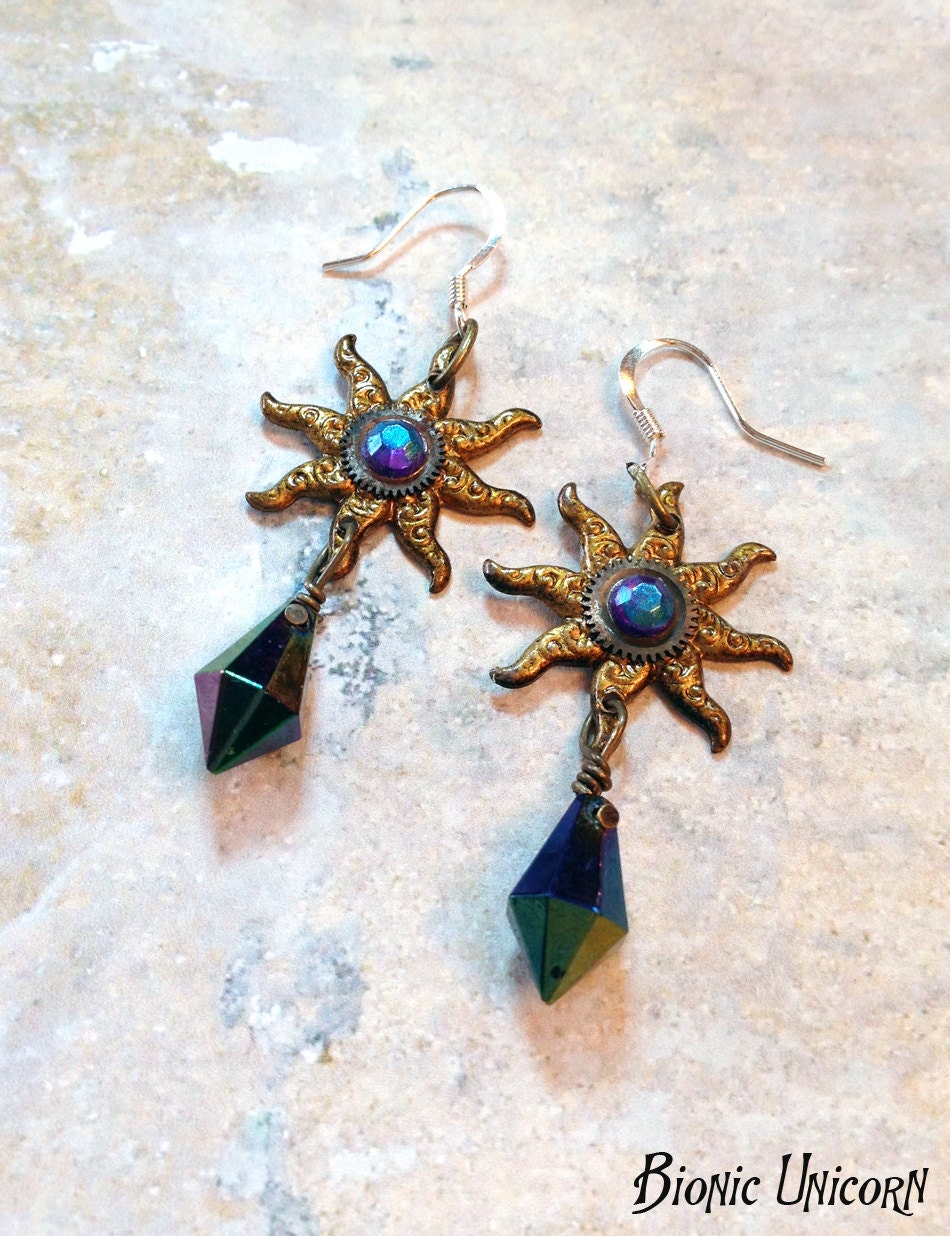 Cosmic Star Steampunk Earrings - Brass Antiqued Stars with Gears and Vintage Iridescent Jewels in Blue and Purple