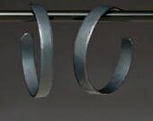 Wide Medium Blackened Silver Hammered Hoop Earrings Solid Sterling