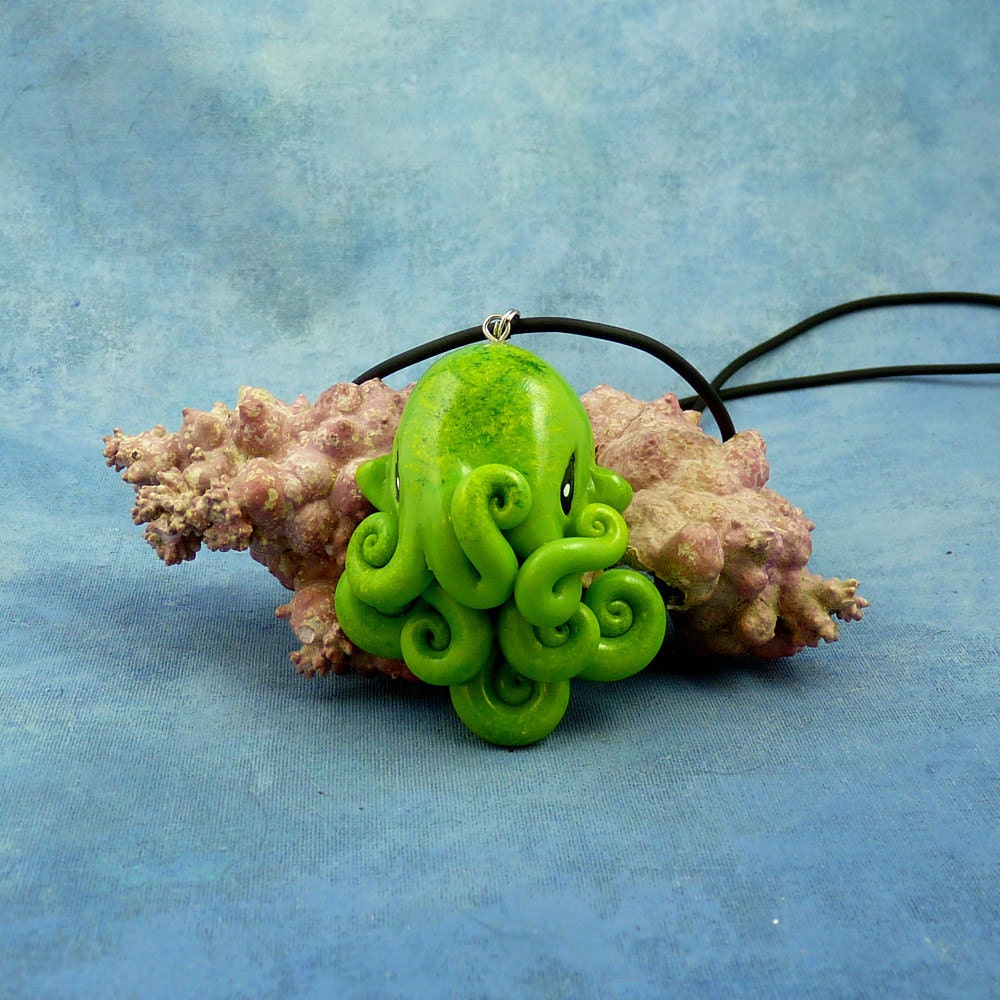 Green Moss Octopus Necklace, Handmade Polymer Clay Jewelry