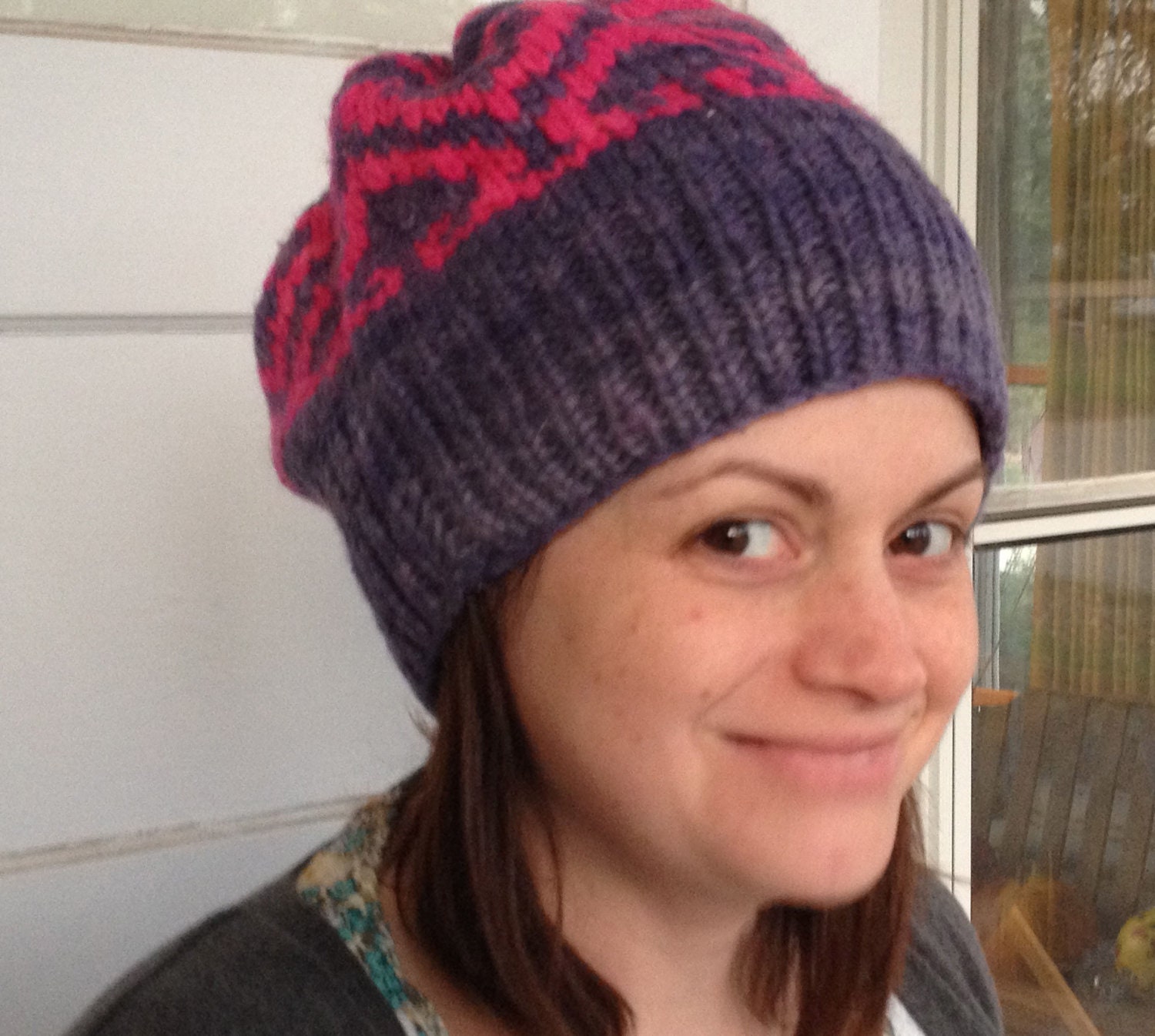 SALE  Recycled wool Slouchy Winter tam hat, pink blue beanie