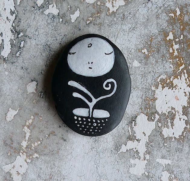 Flat Lightweight Black Beach Stone - Jizo Bodhisattva with Plant Pot
