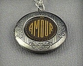 Vintage Bronze Amour, Antique Silver, Love, Romantic, Sweetheart, French Locket Necklace- Carressa