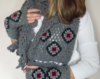 Gray Scarf, Christmas Gift, Long Scarf, Gray Neckwarmer, Gray Shawl, Grey Scarf, Applique Scarf, Rectangle Scarf
