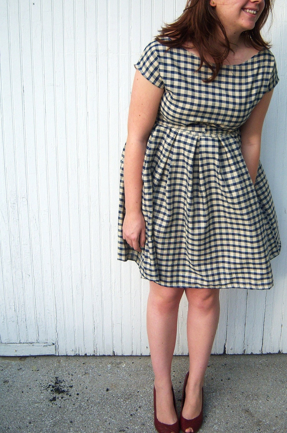 vintage inspired cocktail dress- dark blue and cream gingham