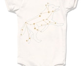 Organic Lupus Wolf Bodysuit - animal star constellation print, metallic gold foil screenprint, cream long and short sleeve onesie
