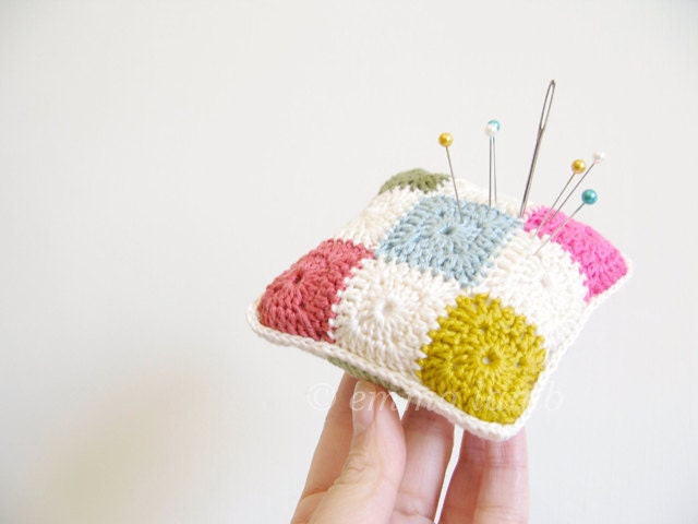 Luella, hand crochet geometric pincushion, folk patchwork in bright spring colours, with free gift wrapping - MADE TO ORDER, by Emma Lamb