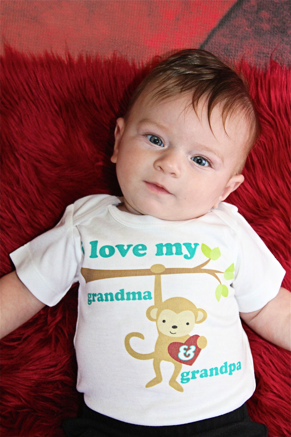 GRANDMA GRANDPA LOVE Onesie with Monkey, I Love Grandma and Grandpa, Can Customize Names
