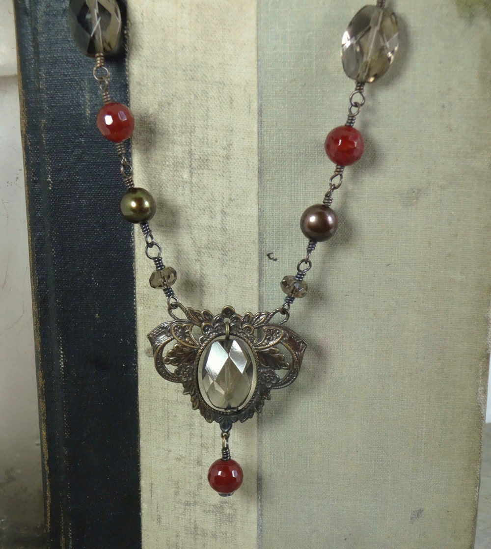 Brown Smoky Quartz Carnelian Freshwater Pearl Aged Brass Renaissance Necklace - J185