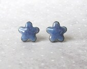 Petite Porcelain Flower Earrings.  Cornflower Blue on Black Porcelain.  Periwinkle.  Indigo. Post or Stud Earrings. Surgical Steel