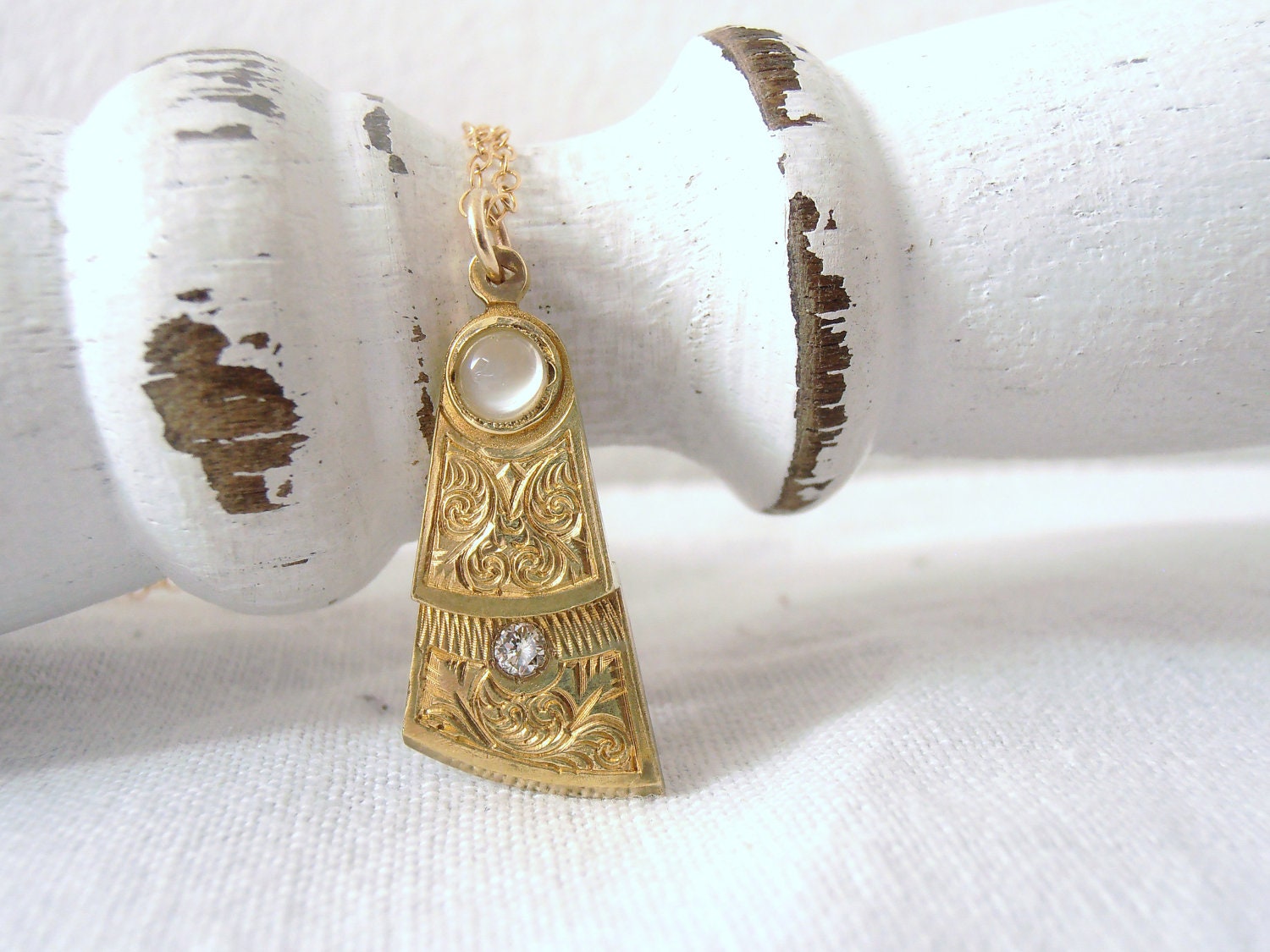 Vintage Steampunk Fusee Watch Pendant with Diamond and Moonstone Necklace