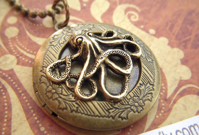 Round Brass Locket Necklace Antiqued Brass Octopus Locket Primitive Rustic Brass Gothic Victorian Nautical Steampunk Vintage Style