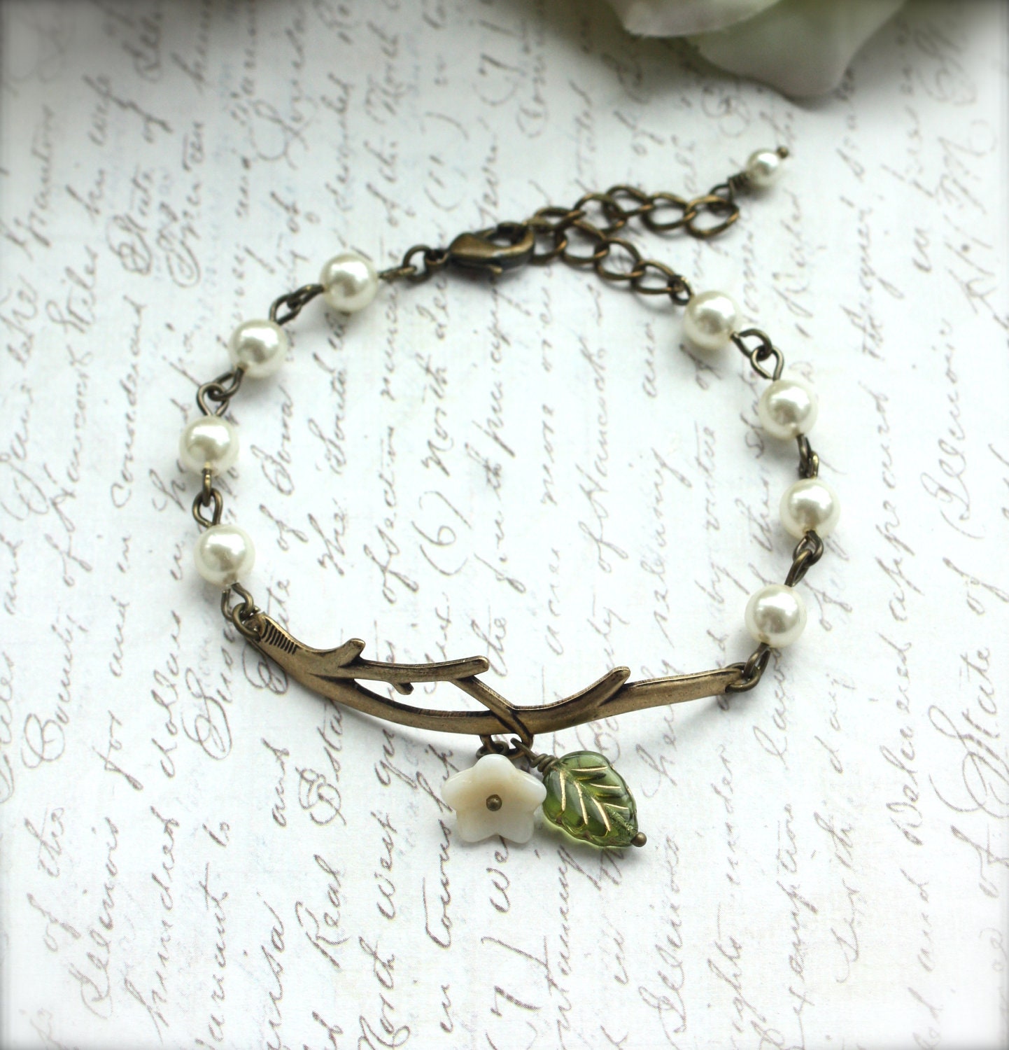 A Forest Twig Charm Ivory Pearl Bracelet. Antiqued Brass. For Wife. For Sister. Wedding Bracelet. Bridesmaid. Bangle. Friendship Bracelet.