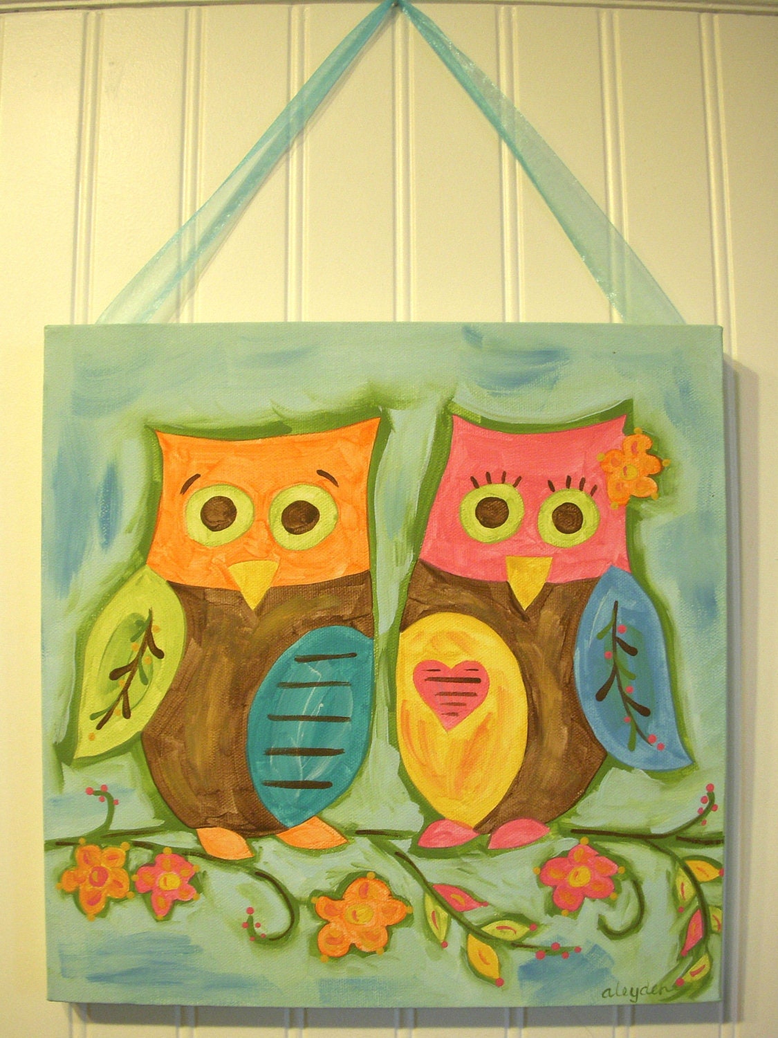 baby nursery wall art..girl kid room decor..original canvas painting..painted artwork..12 x 12 pink aqua blue brown birds tree "love owls"